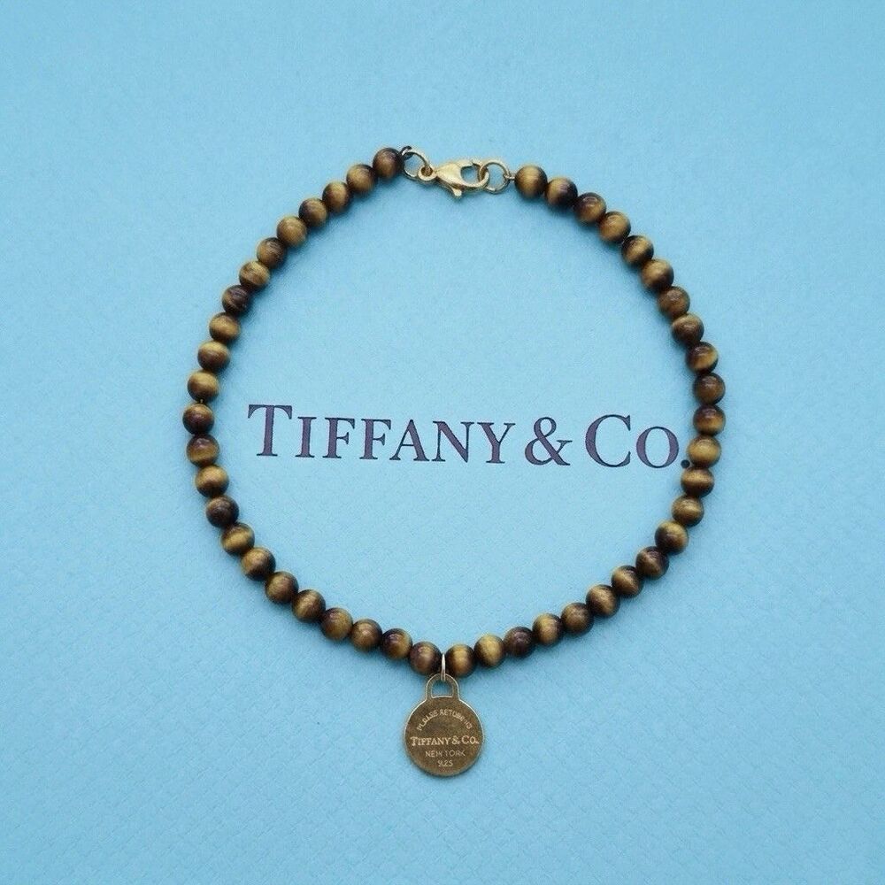 RARE Tiffany & Co. 18K Gold 4mm Tiger Eye Bead Bracelet Return To Tiffany Tag